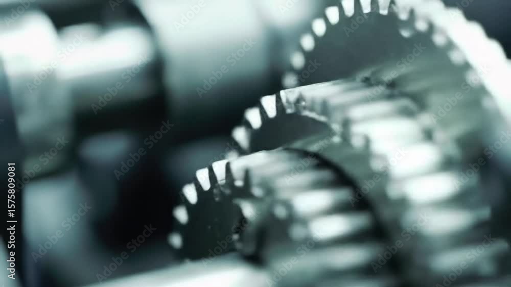 Poster detailed silver gears interlocking mechanism macro shot focusing precision engineering and technolog