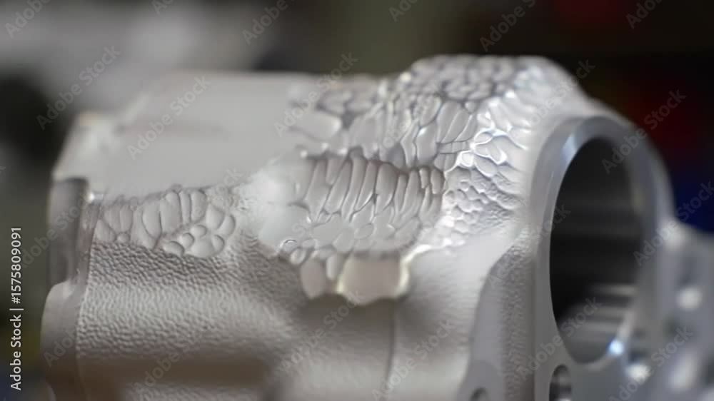 Poster detailed silver machine component with textured surface round opening in blurred background