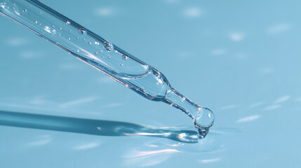 A close-up photo of a glass pipette pouring a clear light blue liquid, against a light background, with a pastel aesthetic