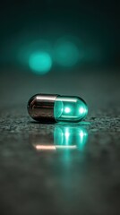 Futuristic glowing pill capsule with green neon light on reflective surface in dark ambient lighting, high-tech medical or sci-fi concept