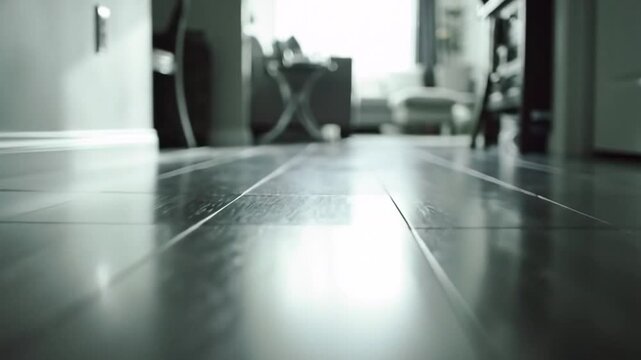 Dark Tiles Reflect Soft Light Through Hallway Interior with a Glimpse of Room, Clean Lines and Serene Atmosphere and