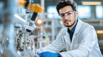 Scientist in laboratory setting conducts research with glass beakers and scientific equipment, showcasing focused expression while wearing protective eyewear and gloves