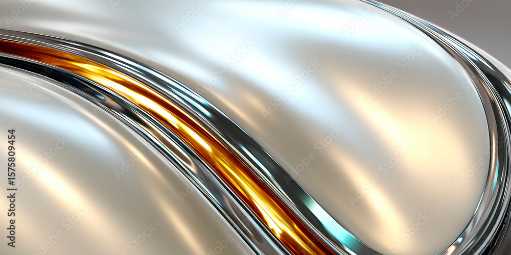 Poster close-up of smooth metallic curves with chrome and glowing amber accents in a futuristic abstract co