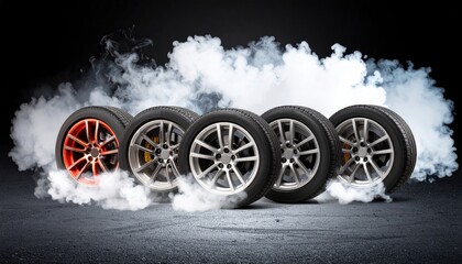 Four car wheels in smoke