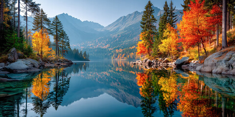 Fototapeta premium Vibrant autumn landscape with colorful trees reflecting on a tranquil lake surrounded by majestic mountains, showcasing the beauty of nature during fall season in a peaceful setting