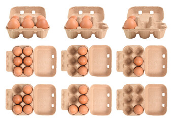 Set of Open egg box with brown eggs isolated on white background with clipping path.