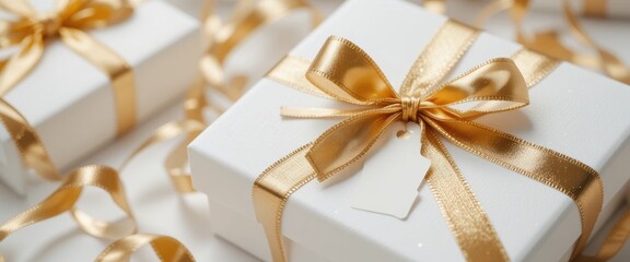 Gift Boxes with Golden Ribbons, Holiday Event, Festive Atmosphere, Close-Up View
