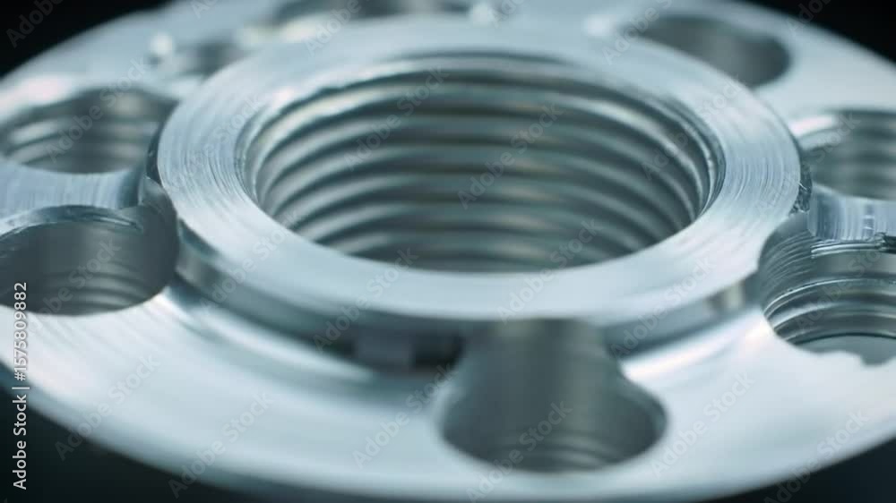 Poster machined metal part close-up featuring threaded center hole milling marks and precision engineering 