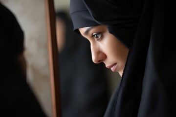 Muslim Woman Gazing at Her Reflection in a Mirror Indoors