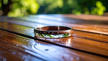 Fototapeta premium Polished metal ring on wet wooden table
