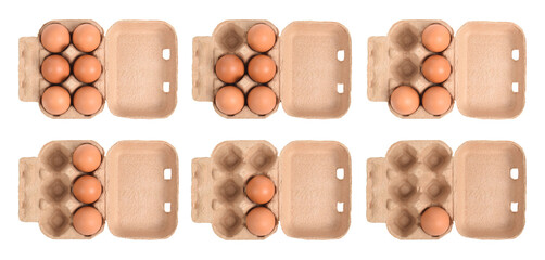 Set of Open egg box with brown eggs isolated on white background with clipping path.