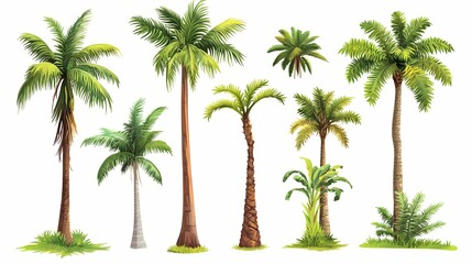 Various palm tree illustrations isolated on a white background.