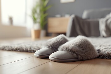 Cozy Slippers Resting on Textured Flooring in a Warm Interior Space