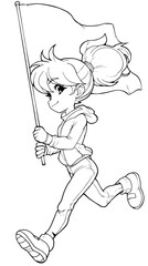 Coloring page of a running woman holding a flag