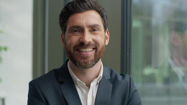 Portrait happy smiling toothy Caucasian middle-aged business man looking at camera smile in office adult 40s businessman male manager employer entrepreneur satisfied positive good job work success