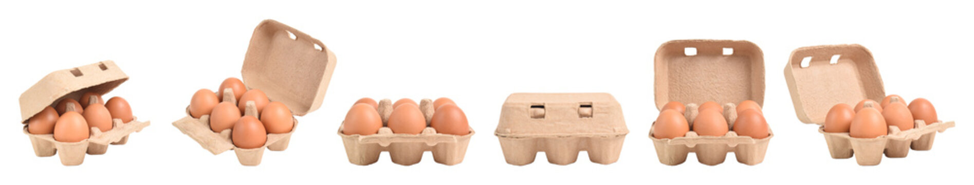 Set of Open egg box with brown eggs isolated on white background with clipping path.