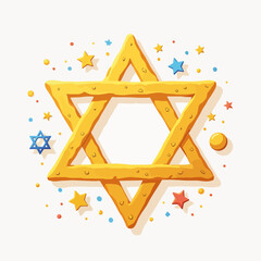 Gold Star of David with festive accents for Rosh Hashanah celebration, set against light background, featuring colorful stars. Star of David symbolizes spiritual renewal.