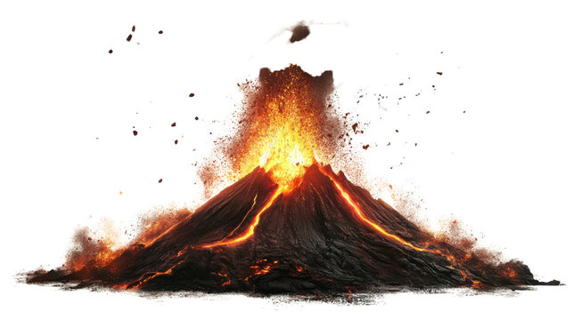 Erupting volcano with molten lava and ash explosion on white background