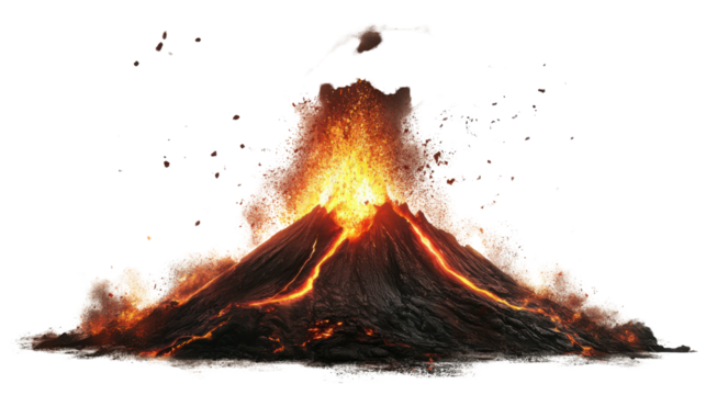 Erupting volcano with molten lava and ash explosion on white background