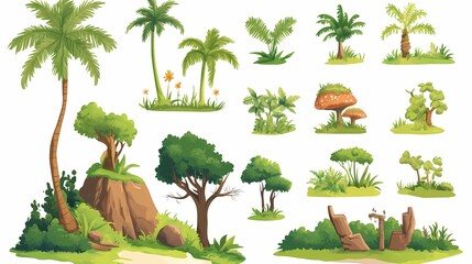 Colorful collection of stylized jungle plants and trees.