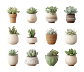 Aesthetic top view of decorative succulent garden arrangement. Isolated on transparent background, png.