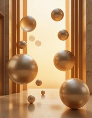 Floating Golden Spheres in a Modern Architectural Space at Sunset
