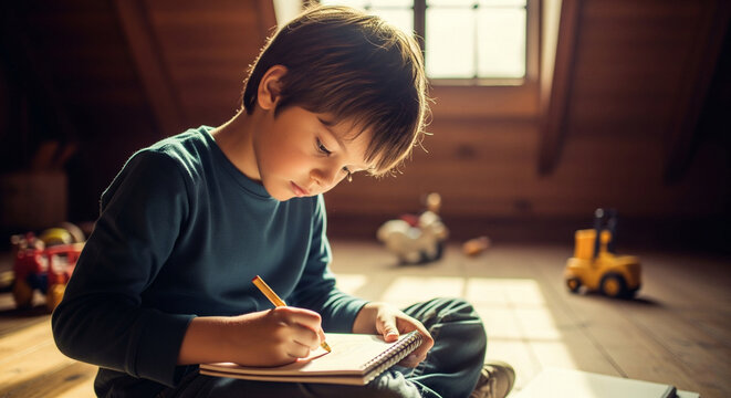 A young boy drawing or writing in a notebook, illuminated by natural light, in a cozy attic or room - Powered by Adobe