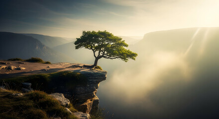 solitary tree standing at the edge of a cliff, with dramatic lighting and a beautiful natural landscape
