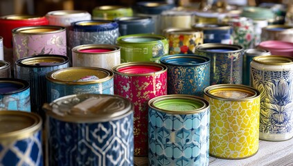 Close-Up of Multiple Paint Cans with Distinct Colors and Designs Arranged in Aesthetic Pattern on Table