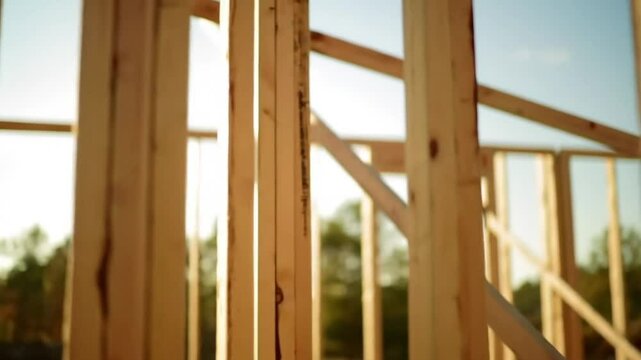 Wooden Framework Close Up Featuring Light Wood Grain With Blue Sky Background For New House Under Construction Bathed