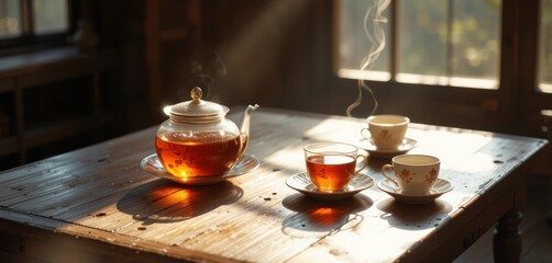 Elegant Tea Setting, Warm Atmosphere, Cozy Room, Still Life, Relaxing Vibe