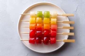 Colorful Fruit Skewers Arranged Neatly on a White Plate