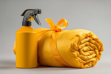Mosquito Spray Bottle Alongside Rolled Yellow Camping Blanket at Home