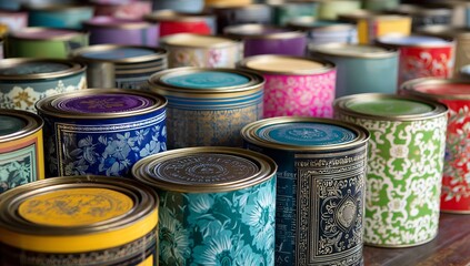 Close-Up of Multiple Paint Cans with Distinct Colors and Designs Arranged in Aesthetic Pattern on Table
