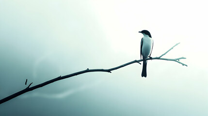 A small bird perched on a bare branch against a misty background.