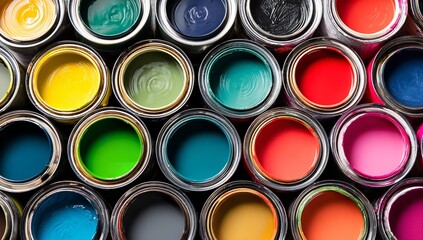 Close-Up of Multiple Paint Cans with Distinct Colors and Designs Arranged in Aesthetic Pattern on Table