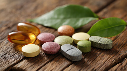 A collection of herbal tablets and supplements on a wooden tabletop, emphasizing natural health solutions, alternative medicine, and consumer health products