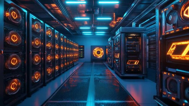 Futuristic Data Center with Neon Lights and Advanced Servers
