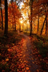 Obraz premium Golden sunset rays filtering through autumn woodland, casting warm light on leaf strewn forest trail