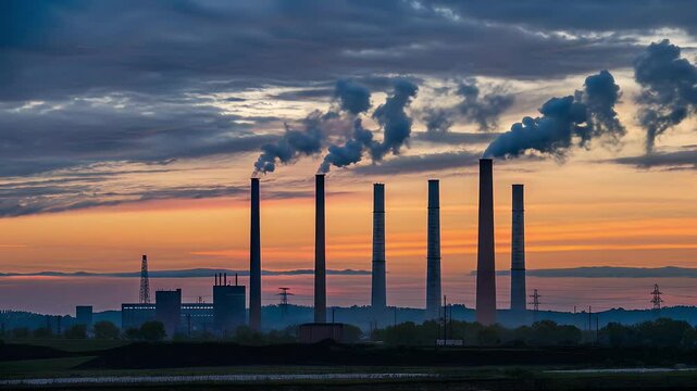 A row of factory smokestacks emits dark smoke into the sky against a dramatic orange sunset backdrop.
