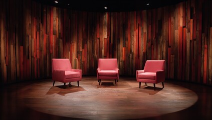 Stage with Three Pink Chairs in Circular Arrangement Against Textured Red Wooden Vertical Striped Backdrop and Soft Spotlights