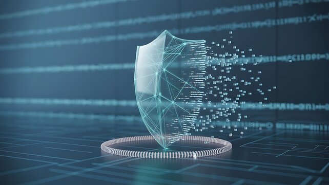 Glowing shield dissolving into digital particles data