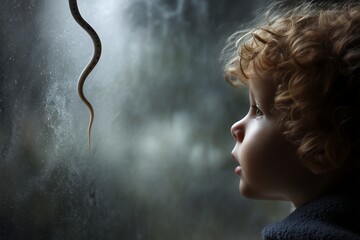 Curious Child Observes Snake Behind Glass at the Zoo