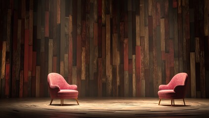 Stage with Two Pink Chairs in Circular Arrangement Against Textured Red Wooden Vertical Striped Backdrop and Soft Spotlights
