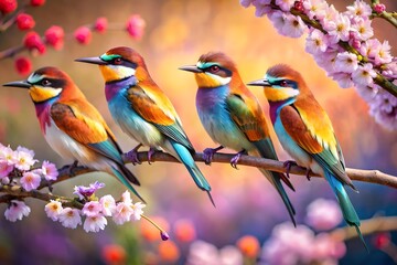 Colorful Exotic Birds Perched on a Branch in Nature