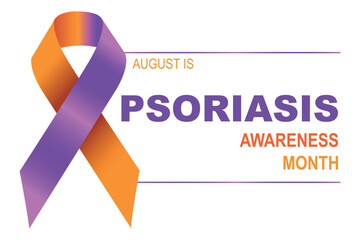 Psoriasis Awareness Month. Realistic Awareness orange and purple ribbon. Psoriasis awareness month with ribbon. Symbol of support, solidarity, raising awareness. Template for poster, Website Magazine,