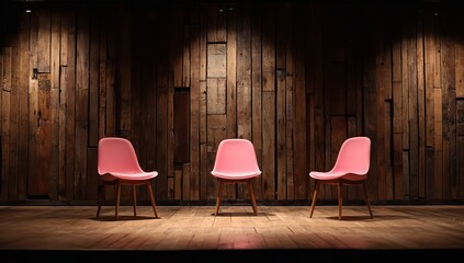 Minimalist Interview Stage with Three Pink Chairs Against Dark Wooden Wall Background, Simple and Clean Setup