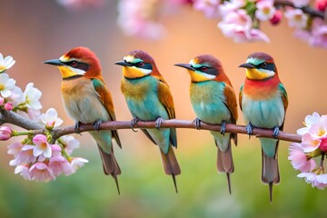 Four Multicolored Birds Perched Together in Nature