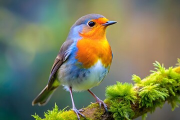 European Robin Perched on Mossy Branch in Nature