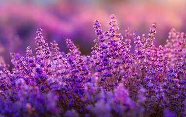 Lavender Harmony: Purple Blooms in Soft Focus, A dreamy close-up of lavender in full bloom, bathed in gentle light&mdash;capturing the vibrant purple hues and tranquil atmosphere of summer&rsquo;s floral beauty.
